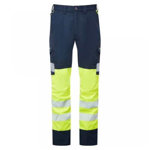 Leo Workwear Winsford Stretch Cargo Trousers Hi-Vis Yellow / Navy