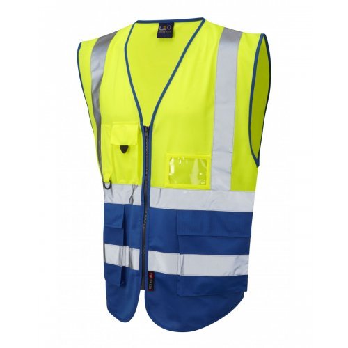 Leo Workwear Lynton Class 1 Hi Vis Yellow/Royal Blue Superior Waistcoat